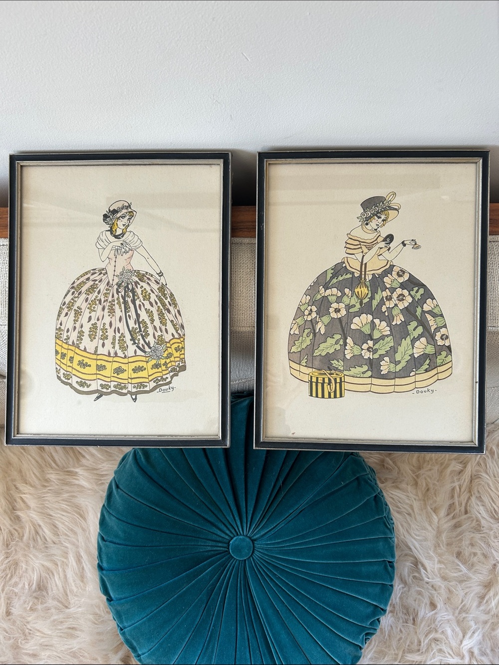 Vintage Douky French Fashion Pochoir Prints, Framed Pair, Art Deco 1920’s
